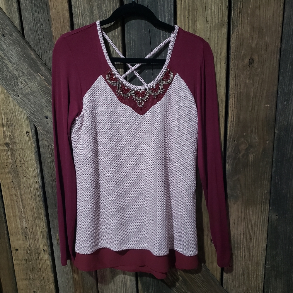 Maurices NWT Burgundy Beaded Embellished Top Size Small